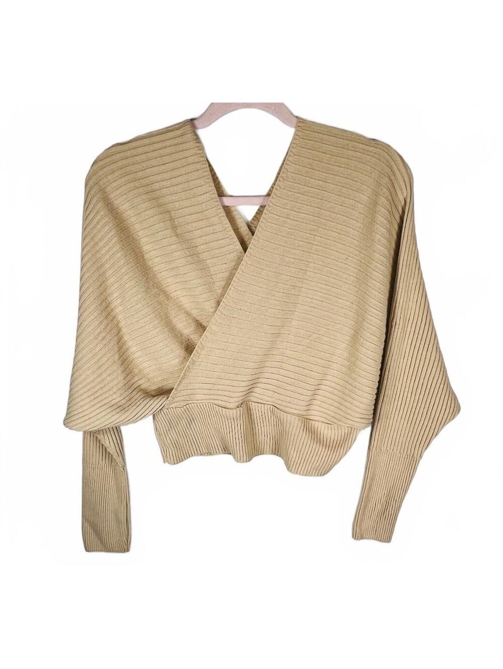 Girl Pretty Little Thing Tan Ribbed Knit Wrap Cropped Sweater Top Camel M